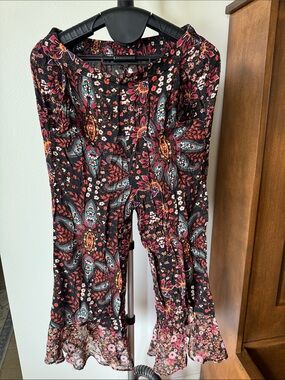 BCBGeneration Black Floral Flare Pants with Teal & Pink Accents